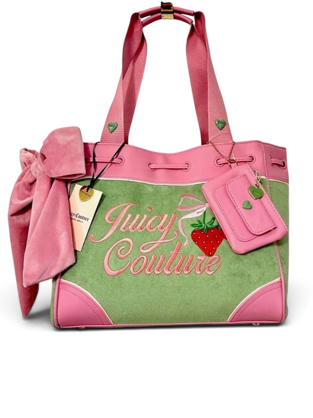 Juicy Couture Daydreamer Tote Strawberry Retro Green Pink Bow Wallet Charm NWT